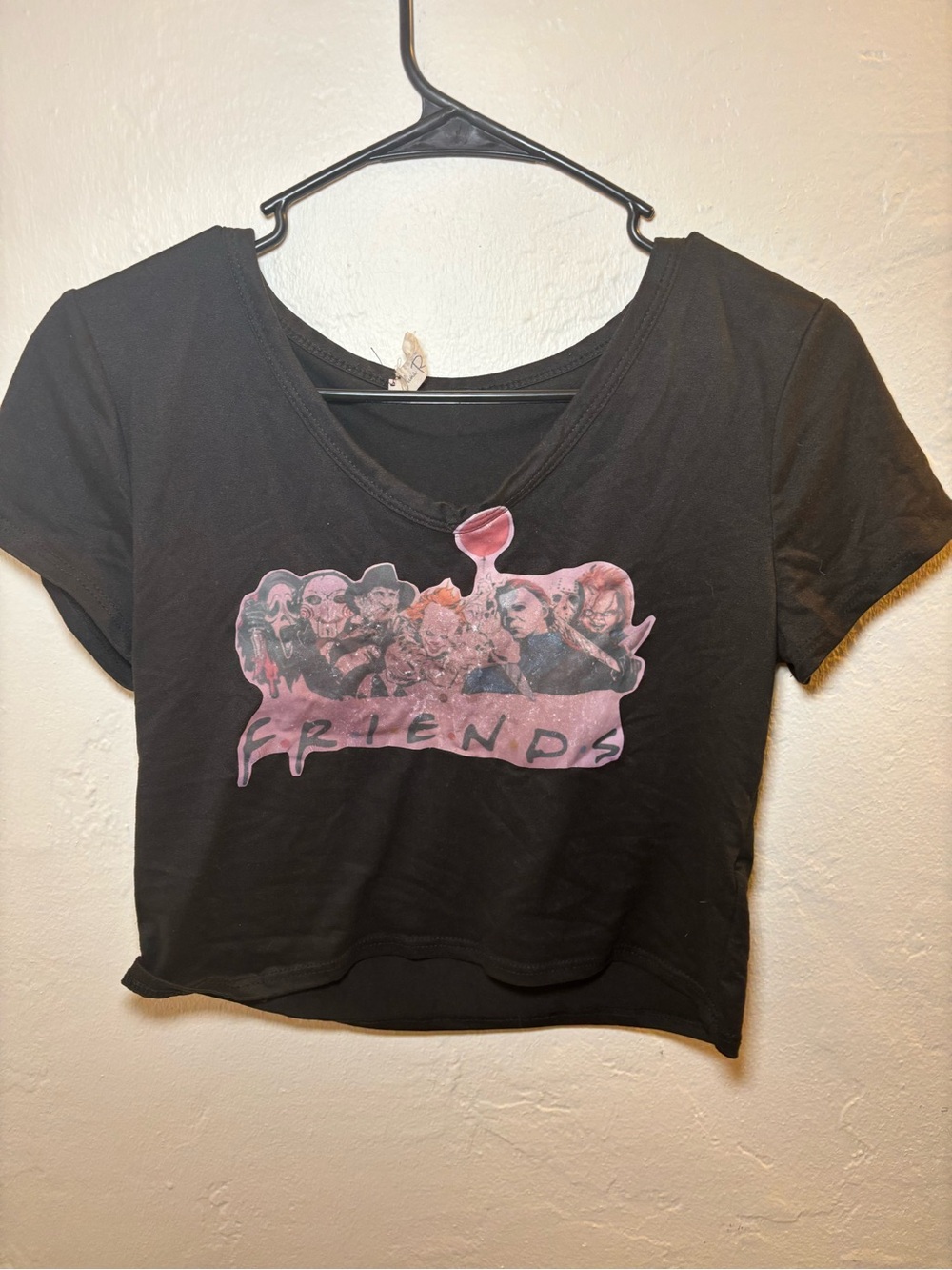 Black Graphic Crop Tee with Pink Horror Friends Design